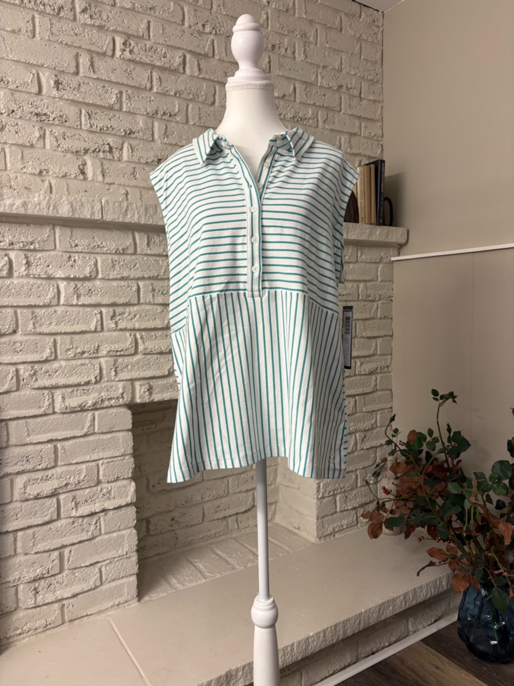 Tribal-NWT-Sleeveless Mixed Stripe Polo Shirt - Reef Green & White - XXL